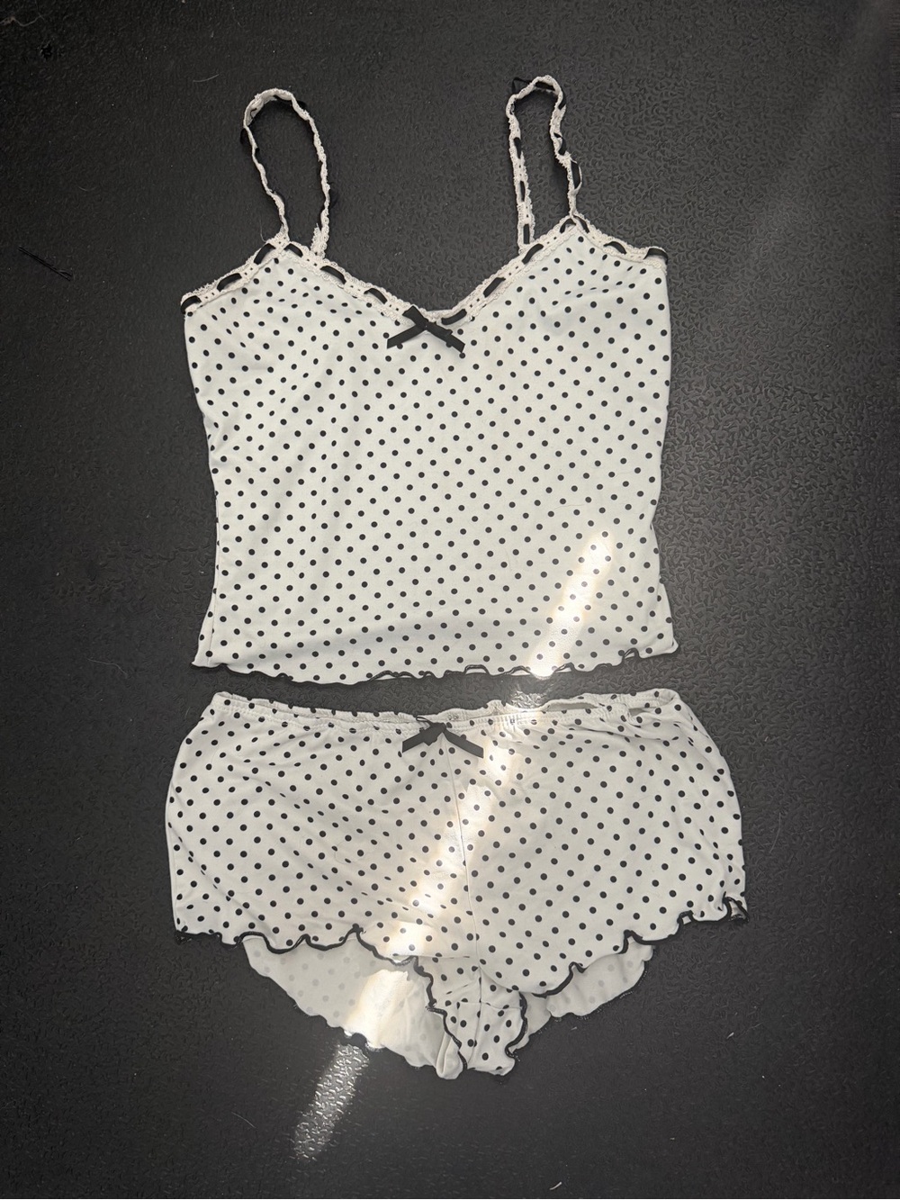 SHEIN White & Black Polka Dot Lace-Trim Cami and Shorts Set
